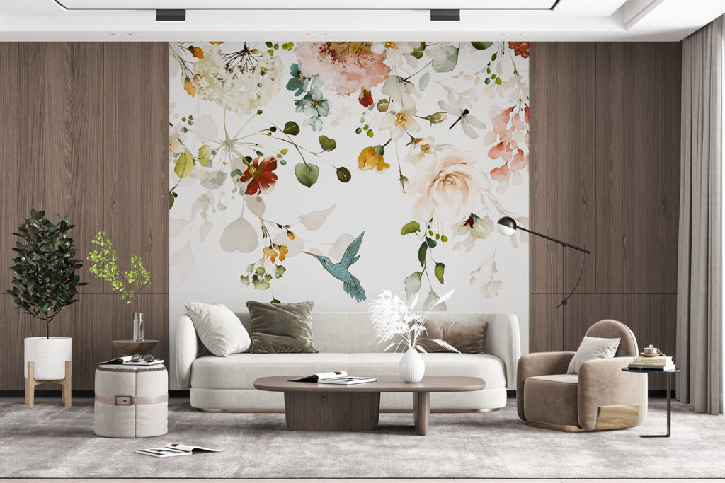 Watercolor Wildflower Wallpaper : Soft Flowers and Hummingbird Mural - View 3