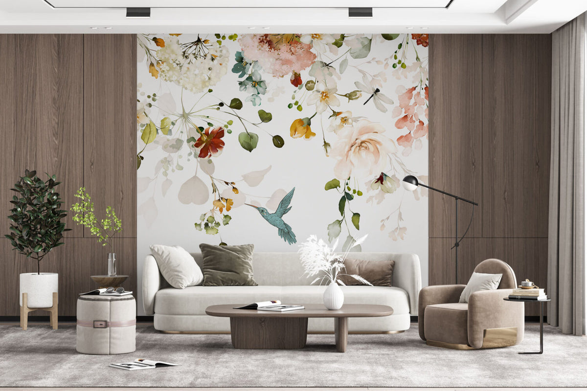Watercolor Wildflower Wallpaper : Soft Flowers and Hummingbird Mural - View 3