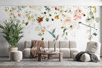 Watercolor Wildflower Wallpaper : Soft Flowers and Hummingbird Mural