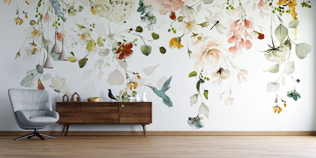 Watercolor Wildflower Wallpaper : Soft Flowers and Hummingbird Mural - View 4