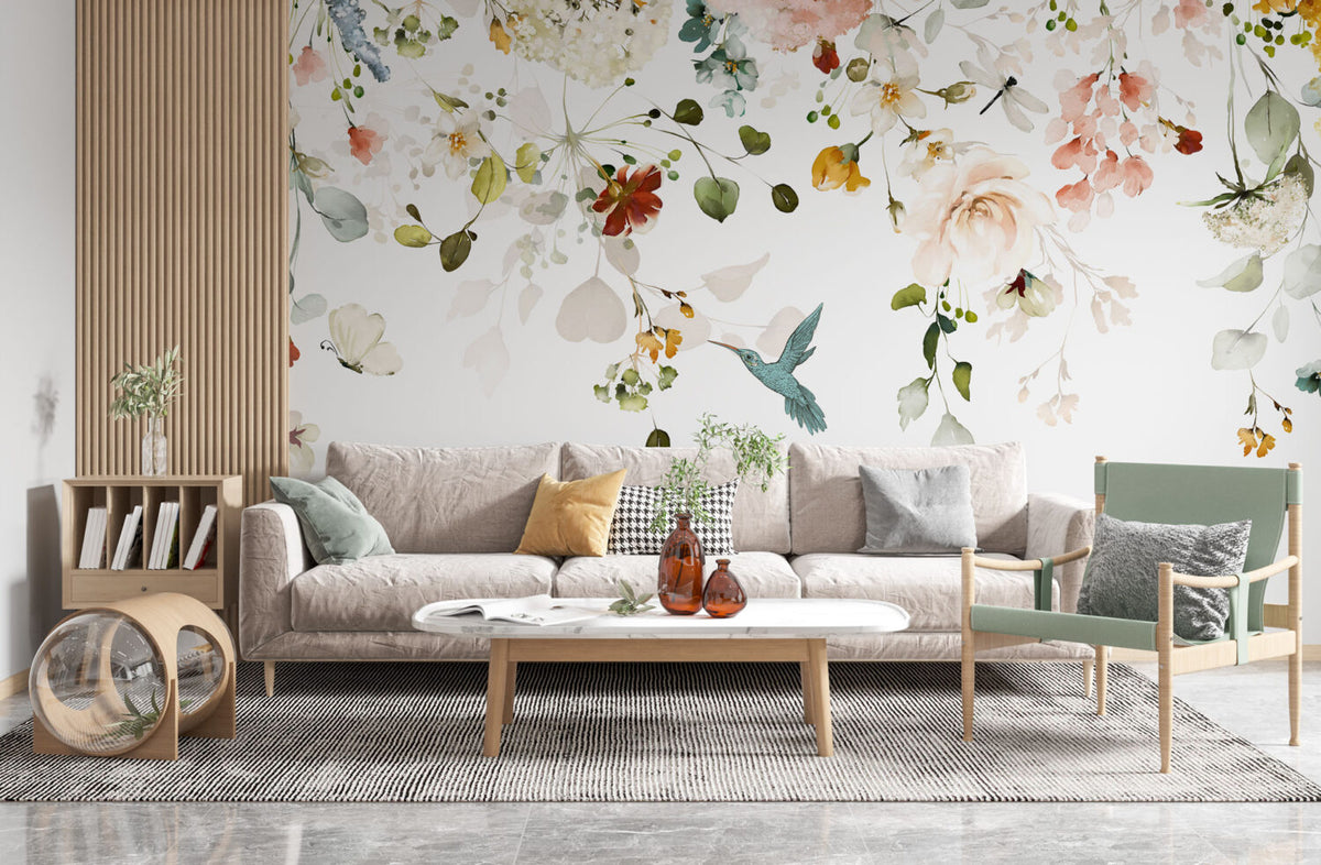 Watercolor Wildflower Wallpaper : Soft Flowers and Hummingbird Mural - View 2