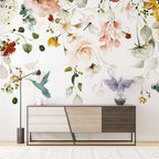 Watercolor Wildflower Wallpaper : Soft Flowers and Hummingbird Mural - View 5