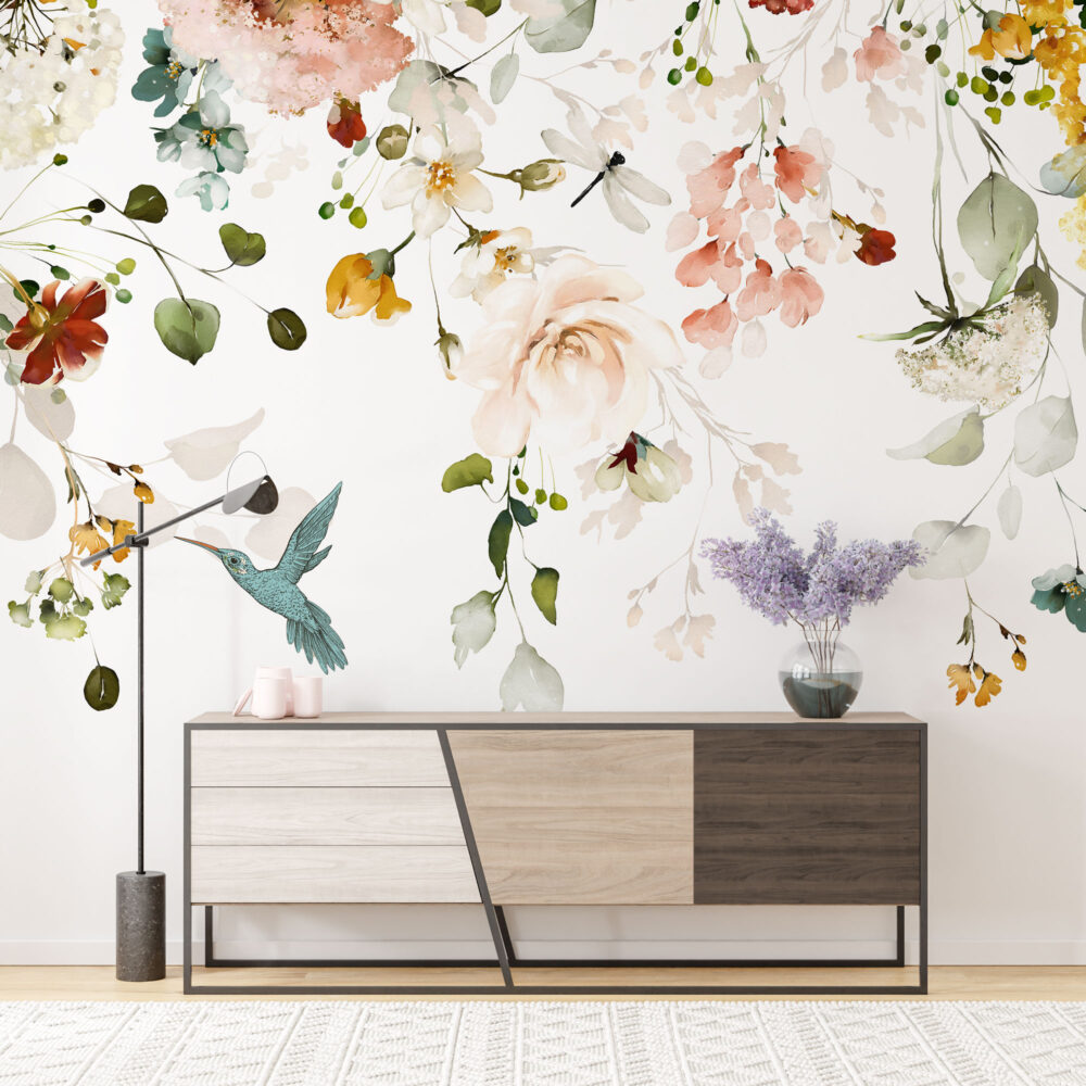 Watercolor Wildflower Wallpaper : Soft Flowers and Hummingbird Mural - View 5