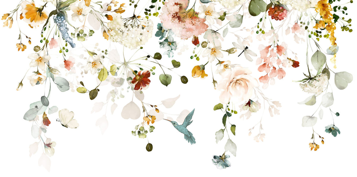 Watercolor Wildflower Wallpaper : Soft Flowers and Hummingbird Mural - flat design
