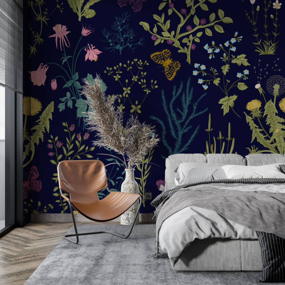 Botanical Herb Wallpaper : Wildflowers and Butterflies on Navy Pattern Mural - View 4