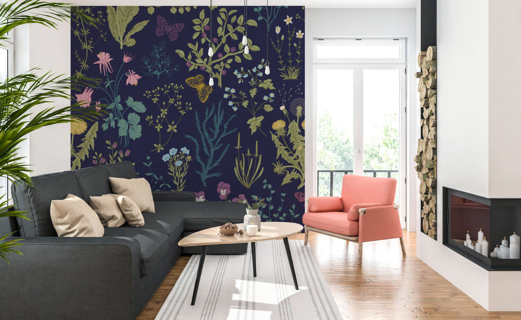 Botanical Herb Wallpaper : Wildflowers and Butterflies on Navy Pattern Mural - View 2
