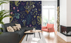 Botanical Herb Wallpaper : Wildflowers and Butterflies on Navy Pattern Mural - View 2