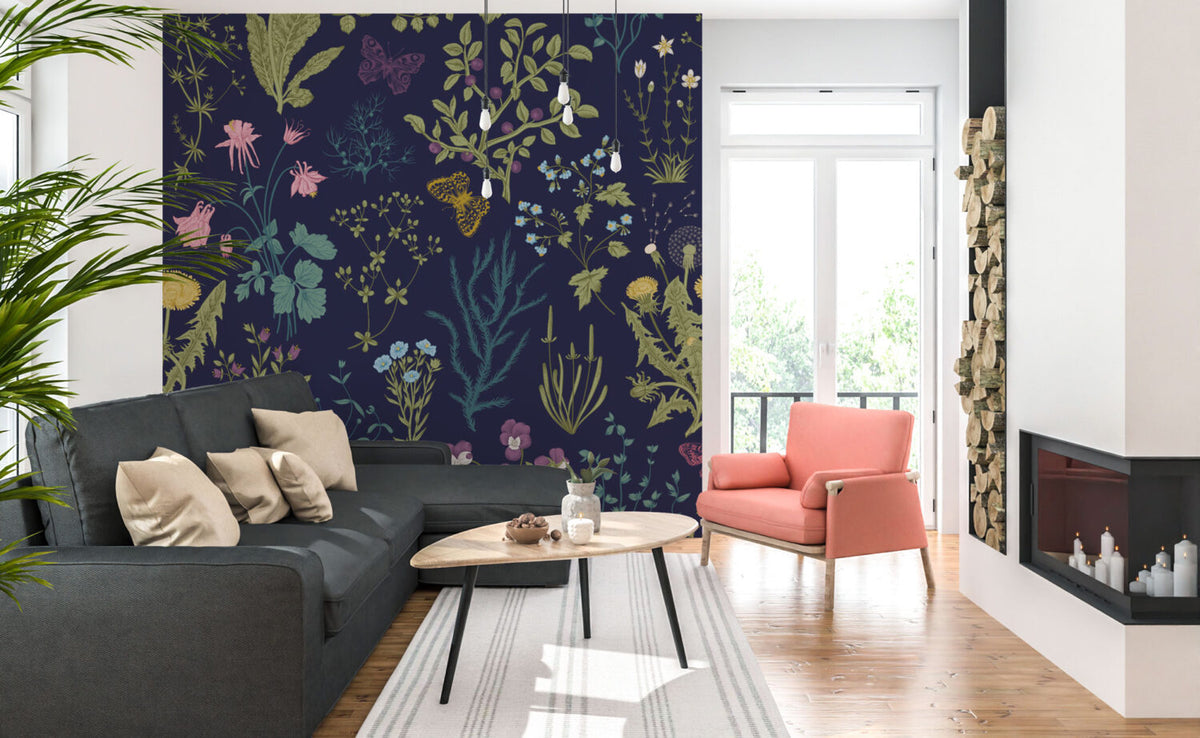 Botanical Herb Wallpaper : Wildflowers and Butterflies on Navy Pattern Mural - View 2