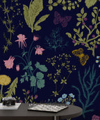 Botanical Herb Wallpaper : Wildflowers and Butterflies on Navy Pattern Mural - View 3