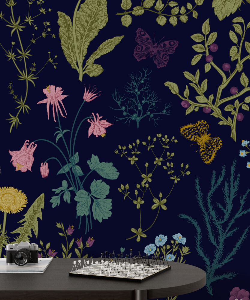 Botanical Herb Wallpaper : Wildflowers and Butterflies on Navy Pattern Mural - View 3