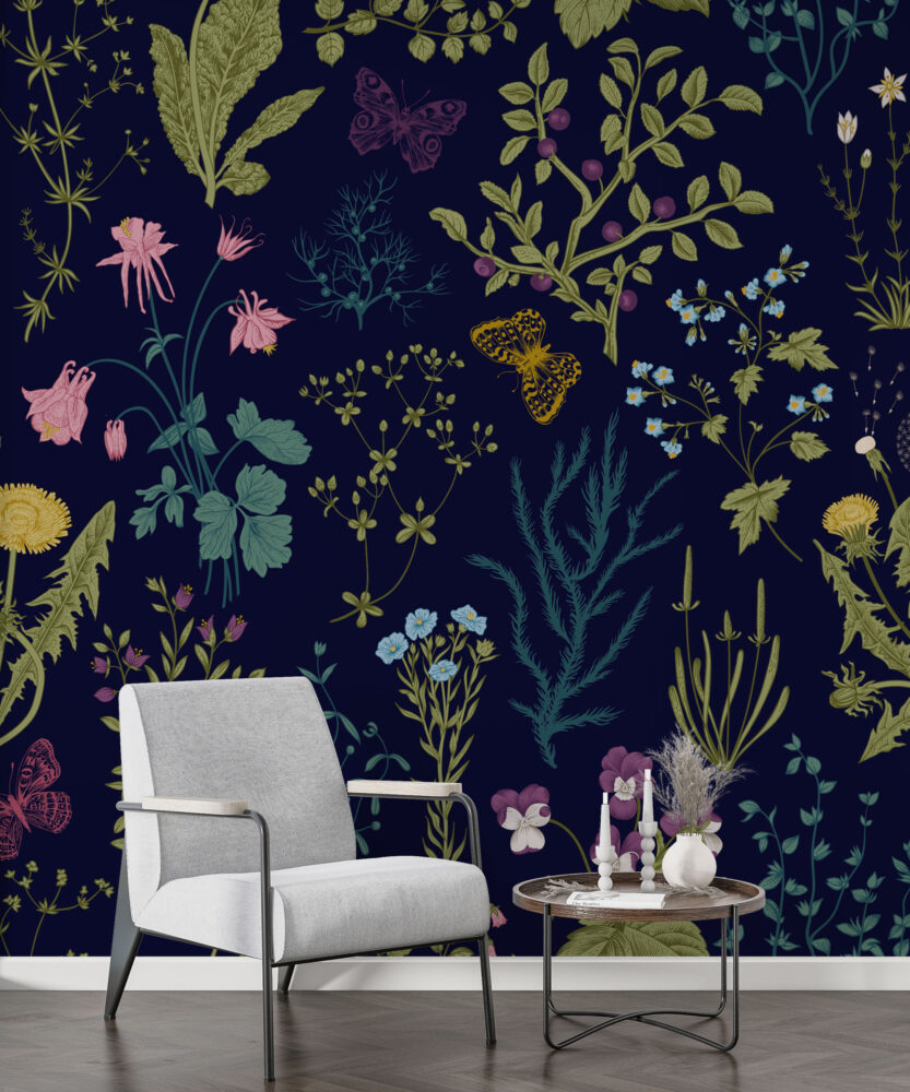 Botanical Herb Wallpaper : Wildflowers and Butterflies on Navy Pattern Mural
