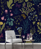 Botanical Herb Wallpaper : Wildflowers and Butterflies on Navy Pattern Mural