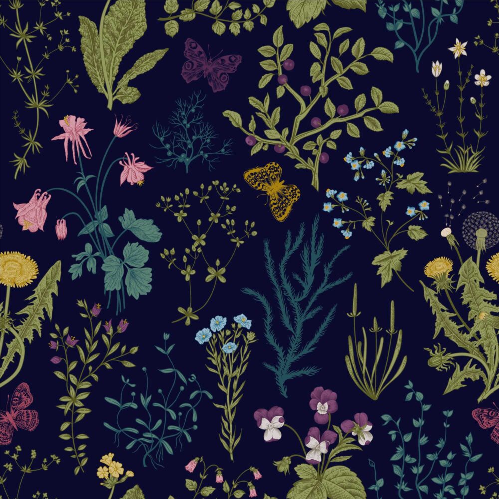 Botanical Herb Wallpaper : Wildflowers and Butterflies on Navy Pattern Mural - flat design