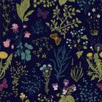 Botanical Herb Wallpaper : Wildflowers and Butterflies on Navy Pattern Mural - flat design