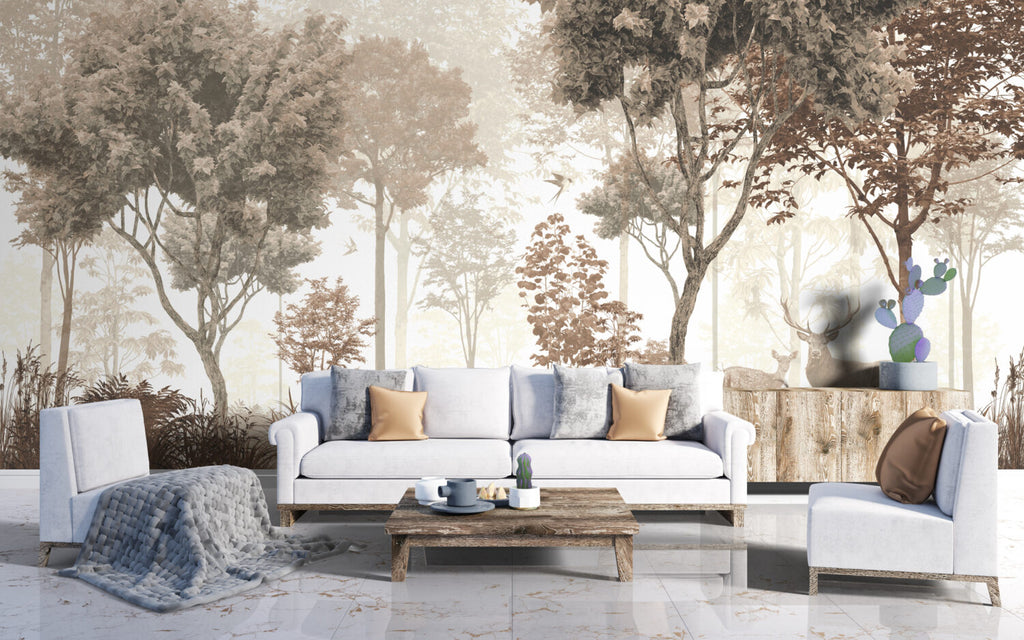 Deer in the Forest Wallpaper : Soft Beige Woodland Mural