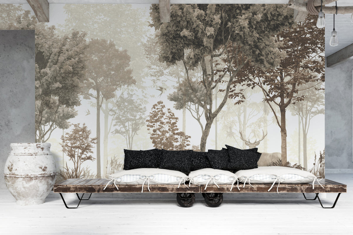 Deer in the Forest Wallpaper : Soft Beige Woodland Mural - View 2