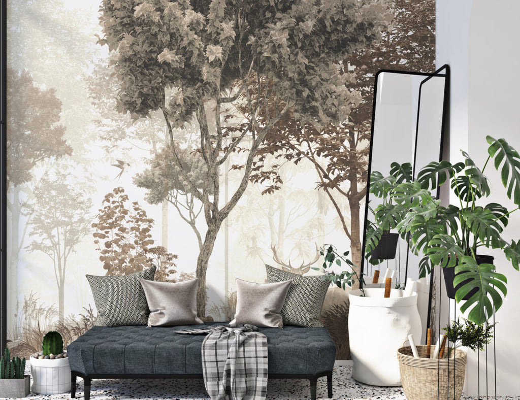 Deer in the Forest Wallpaper : Soft Beige Woodland Mural - View 3