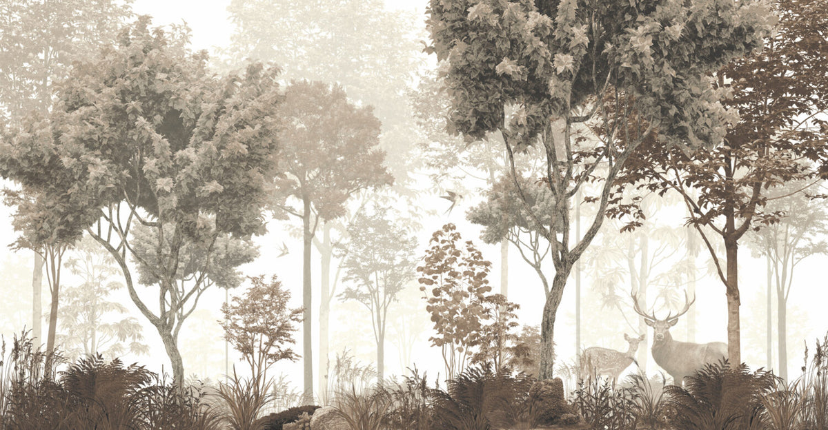 Deer in the Forest Wallpaper : Soft Beige Woodland Mural - flat design