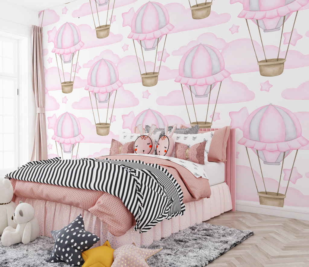 Pink Hot Air Balloons Wallpaper : Nursery Clouds Pattern Mural - View 4