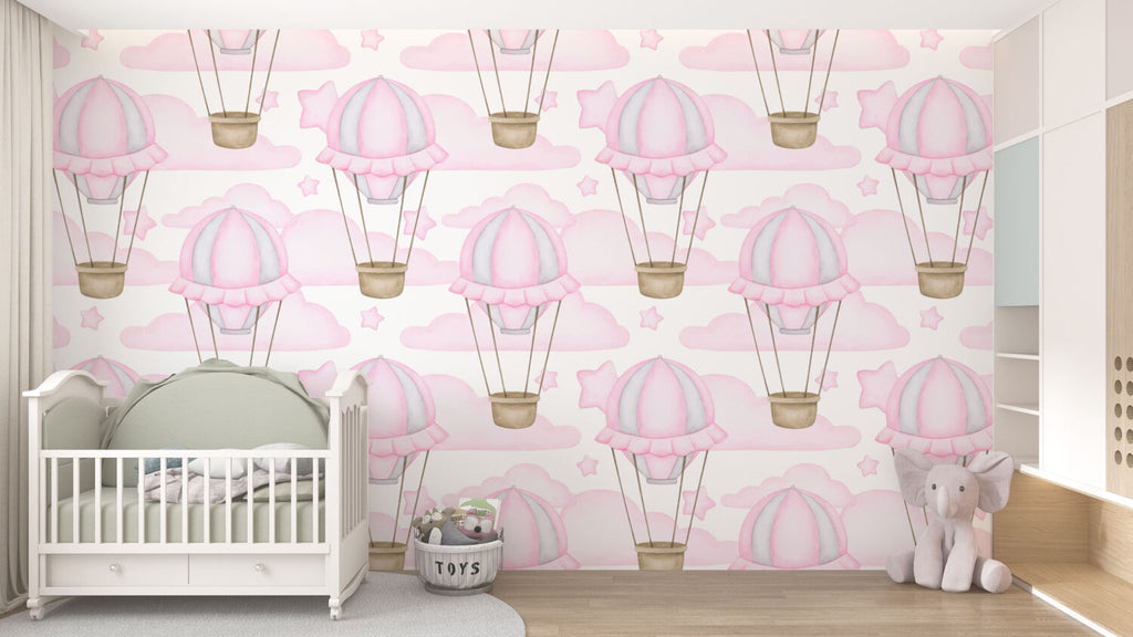Pink Hot Air Balloons Wallpaper : Nursery Clouds Pattern Mural - View 3