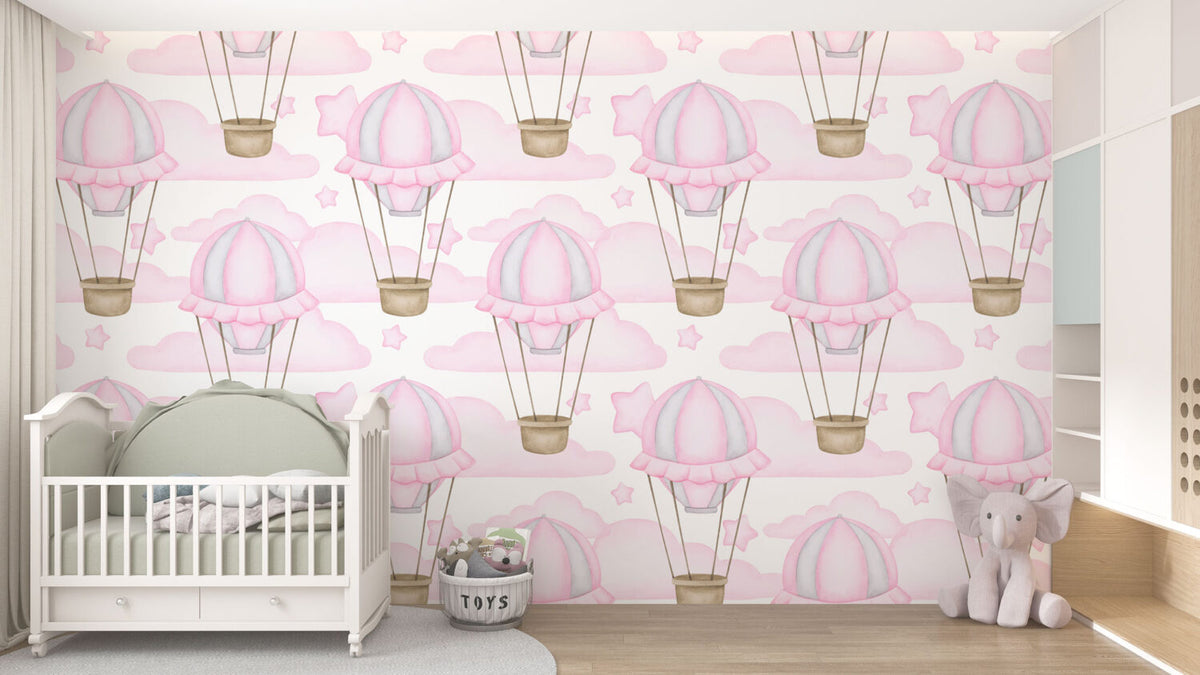 Pink Hot Air Balloons Wallpaper : Nursery Clouds Pattern Mural - View 3