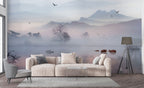 Misty Lake Wallpaper : Lavender Fog and Bare Trees Mural