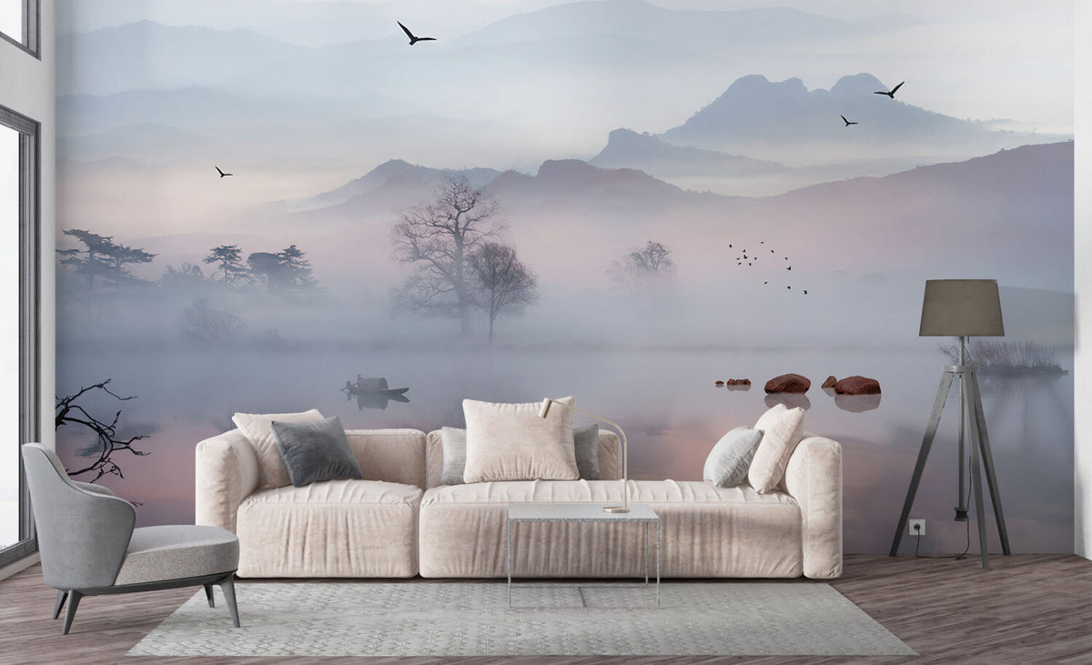 Misty Lake Wallpaper : Lavender Fog and Bare Trees Mural
