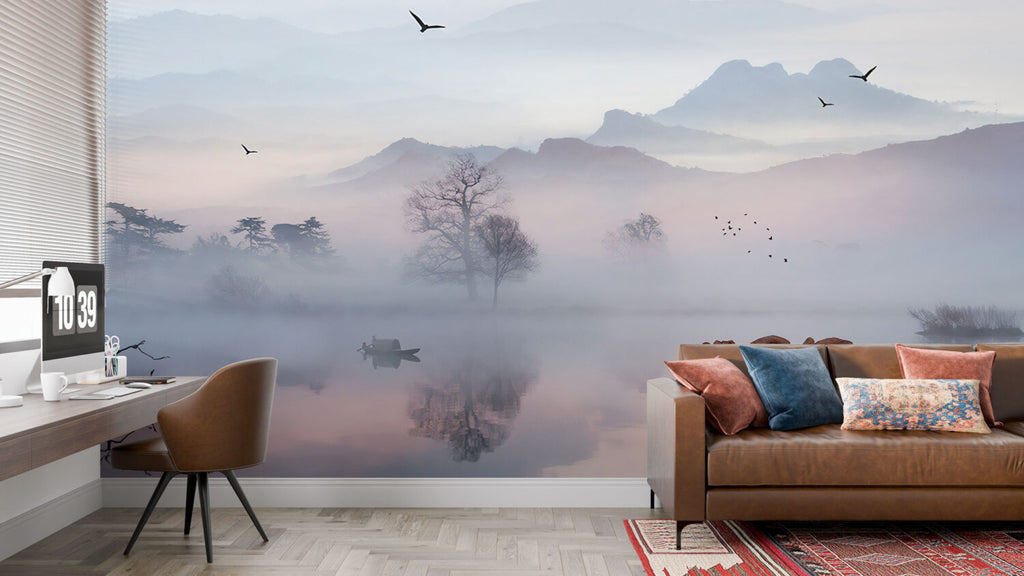 Misty Lake Wallpaper : Lavender Fog and Bare Trees Mural - View 4