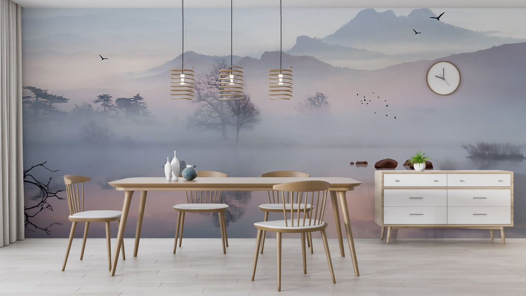 Misty Lake Wallpaper : Lavender Fog and Bare Trees Mural - View 3