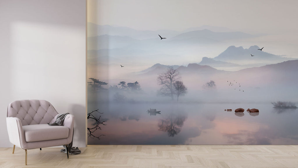 Misty Lake Wallpaper : Lavender Fog and Bare Trees Mural - View 2