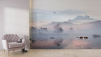 Misty Lake Wallpaper : Lavender Fog and Bare Trees Mural - View 2