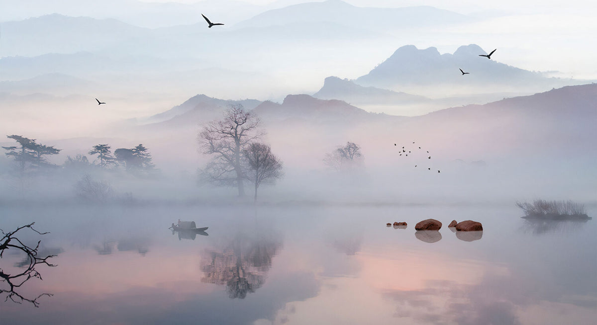 Misty Lake Wallpaper : Lavender Fog and Bare Trees Mural - flat design