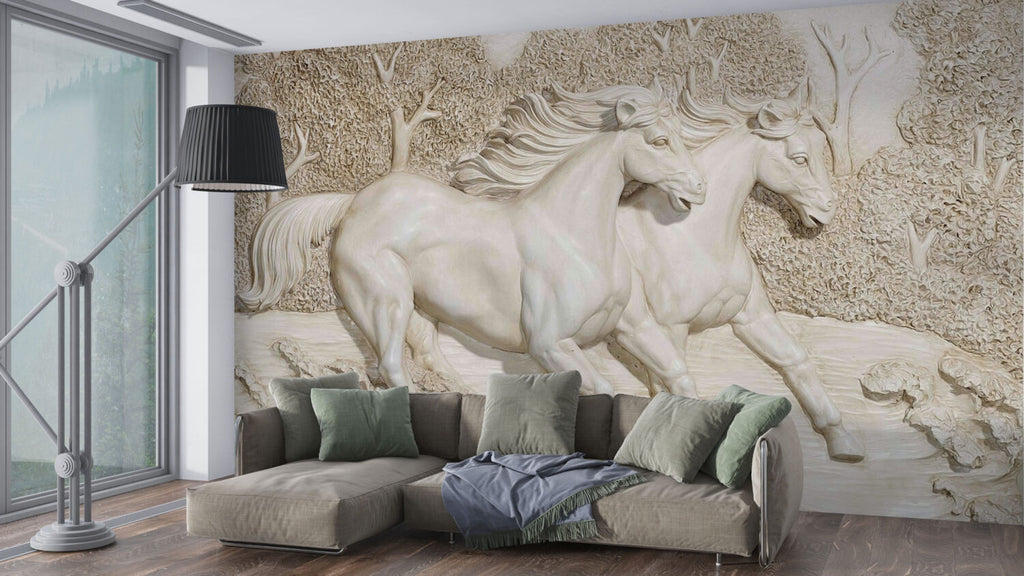 3D Horse Relief Wallpaper : White Sculpted Horse Mural