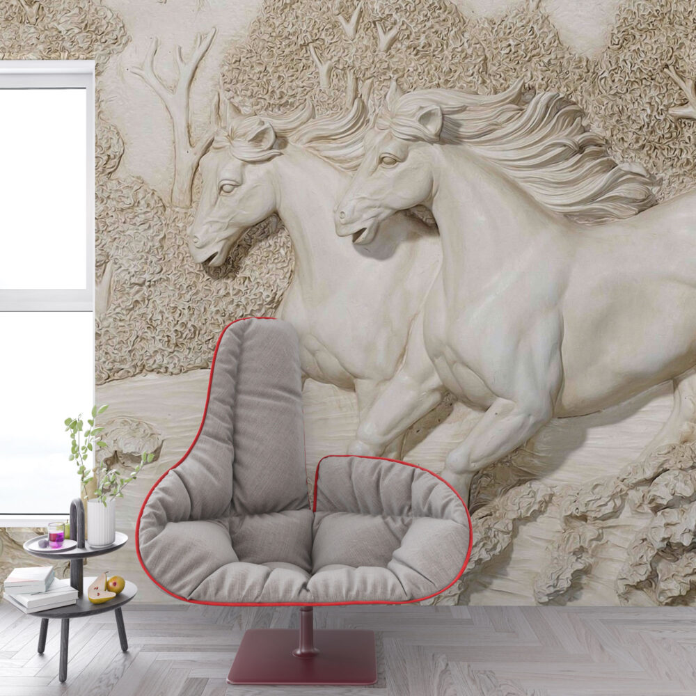 3D Horse Relief Wallpaper : White Sculpted Horse Mural - View 4