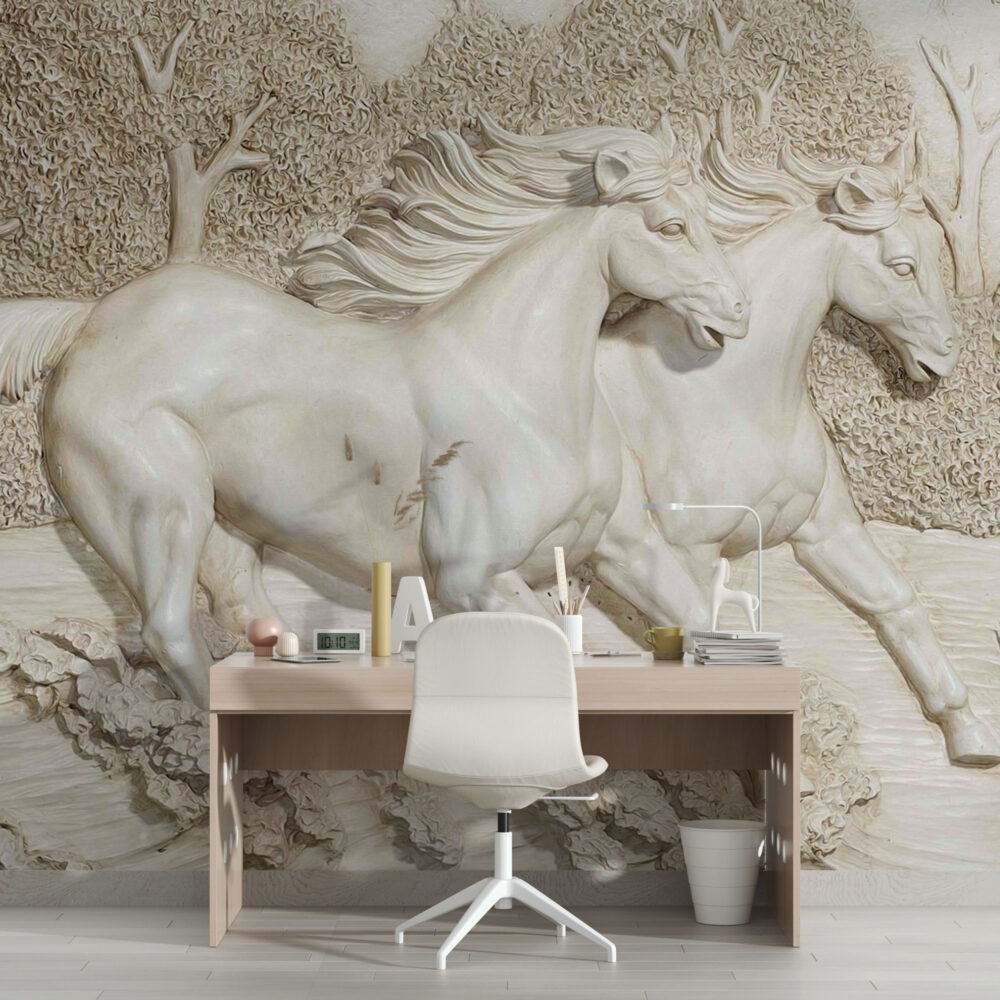 3D Horse Relief Wallpaper : White Sculpted Horse Mural - View 3