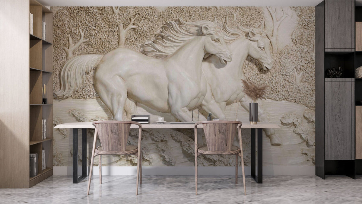 3D Horse Relief Wallpaper : White Sculpted Horse Mural - View 2