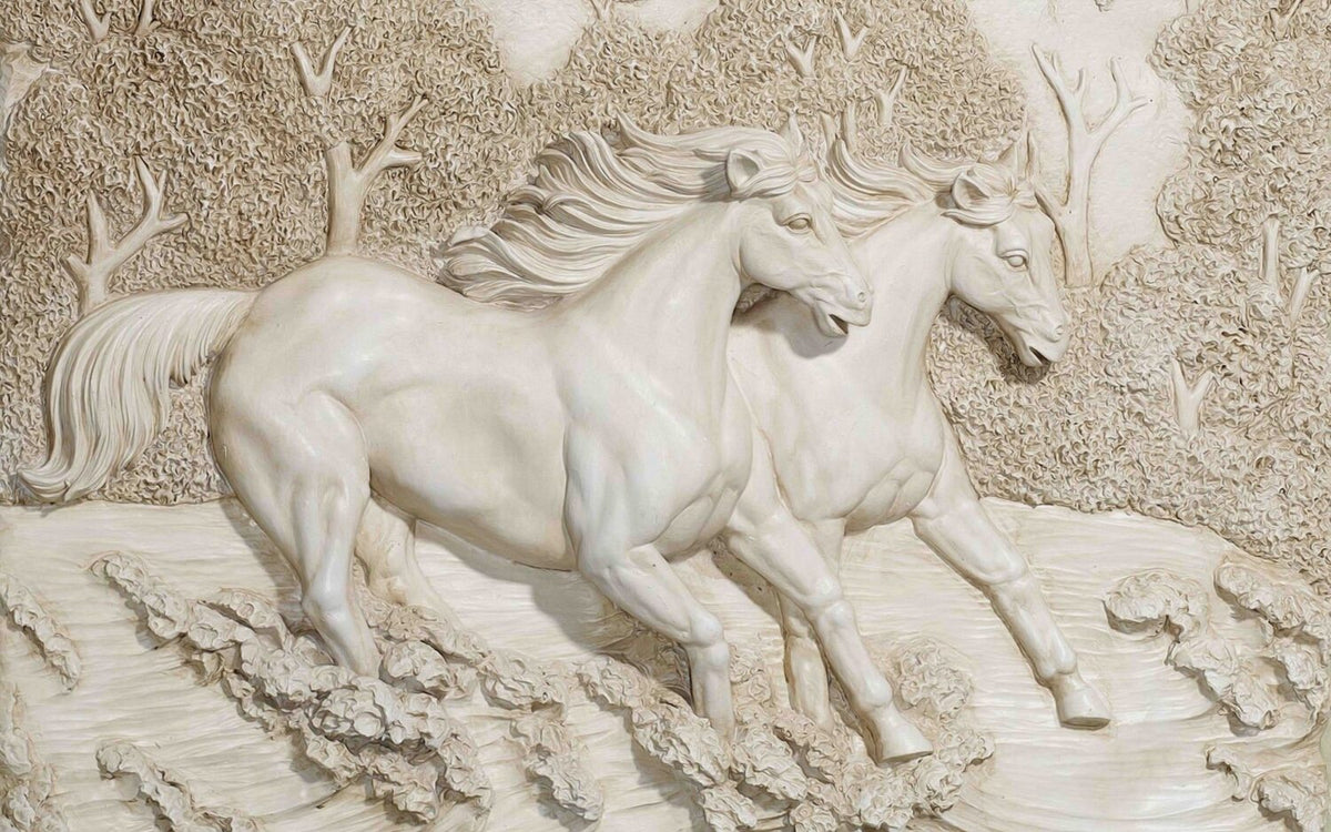 3D Horse Relief Wallpaper : White Sculpted Horse Mural - flat design