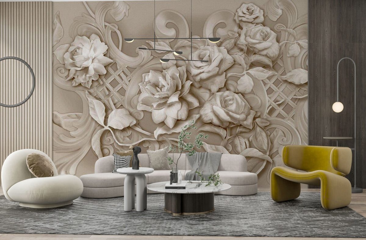 3D Beige Rose Wallpaper : Sculpted Flower Relief Mural - View 4