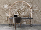 3D Beige Rose Wallpaper : Sculpted Flower Relief Mural