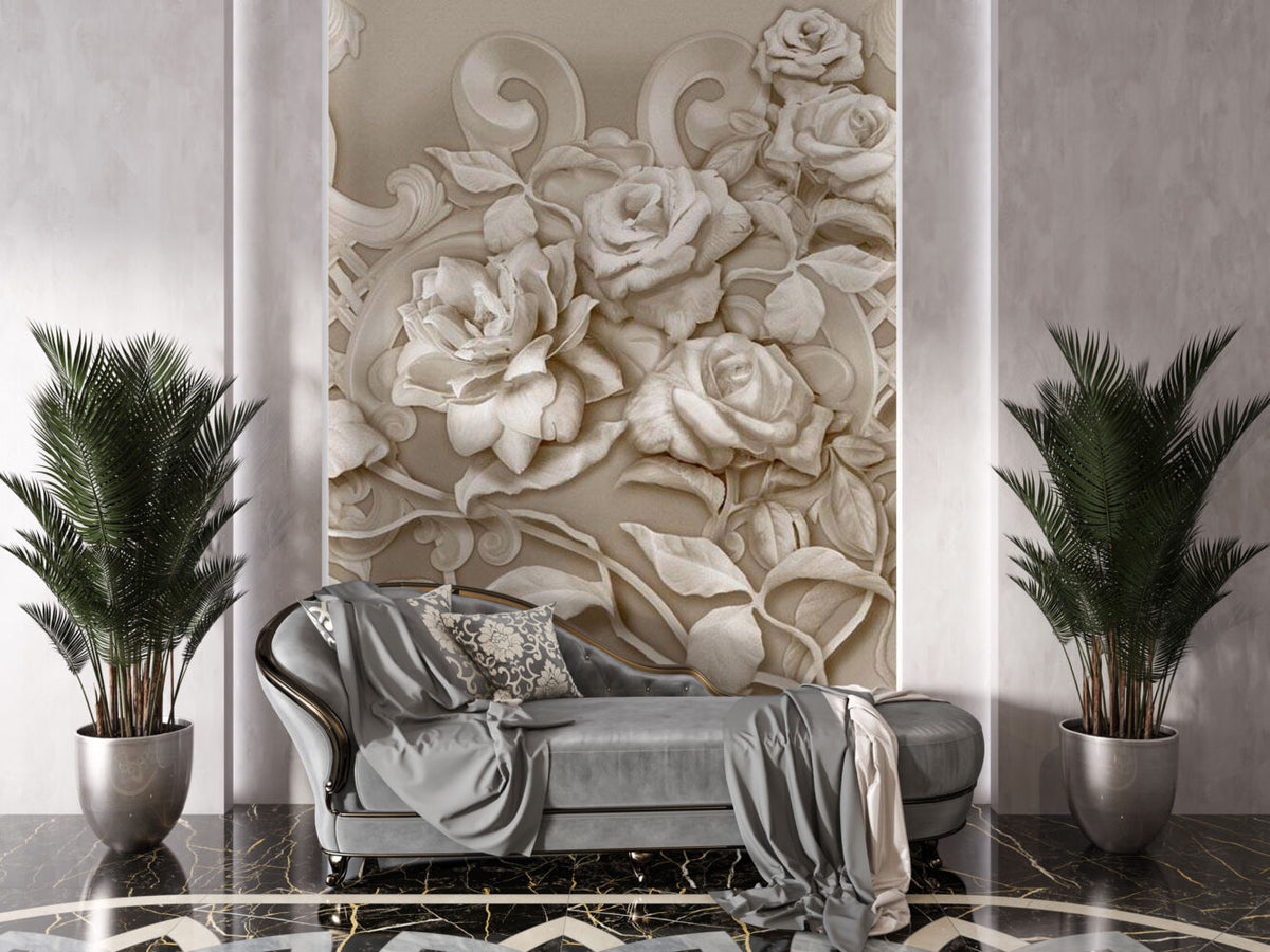 3D Beige Rose Wallpaper : Sculpted Flower Relief Mural - View 3
