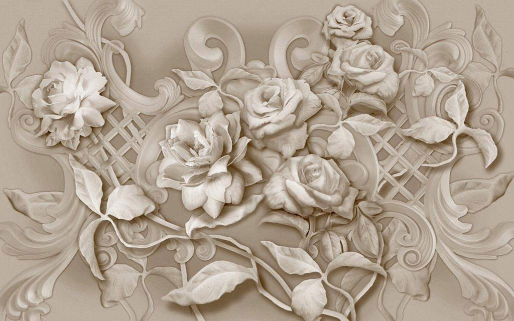 3D Beige Rose Wallpaper : Sculpted Flower Relief Mural - flat design