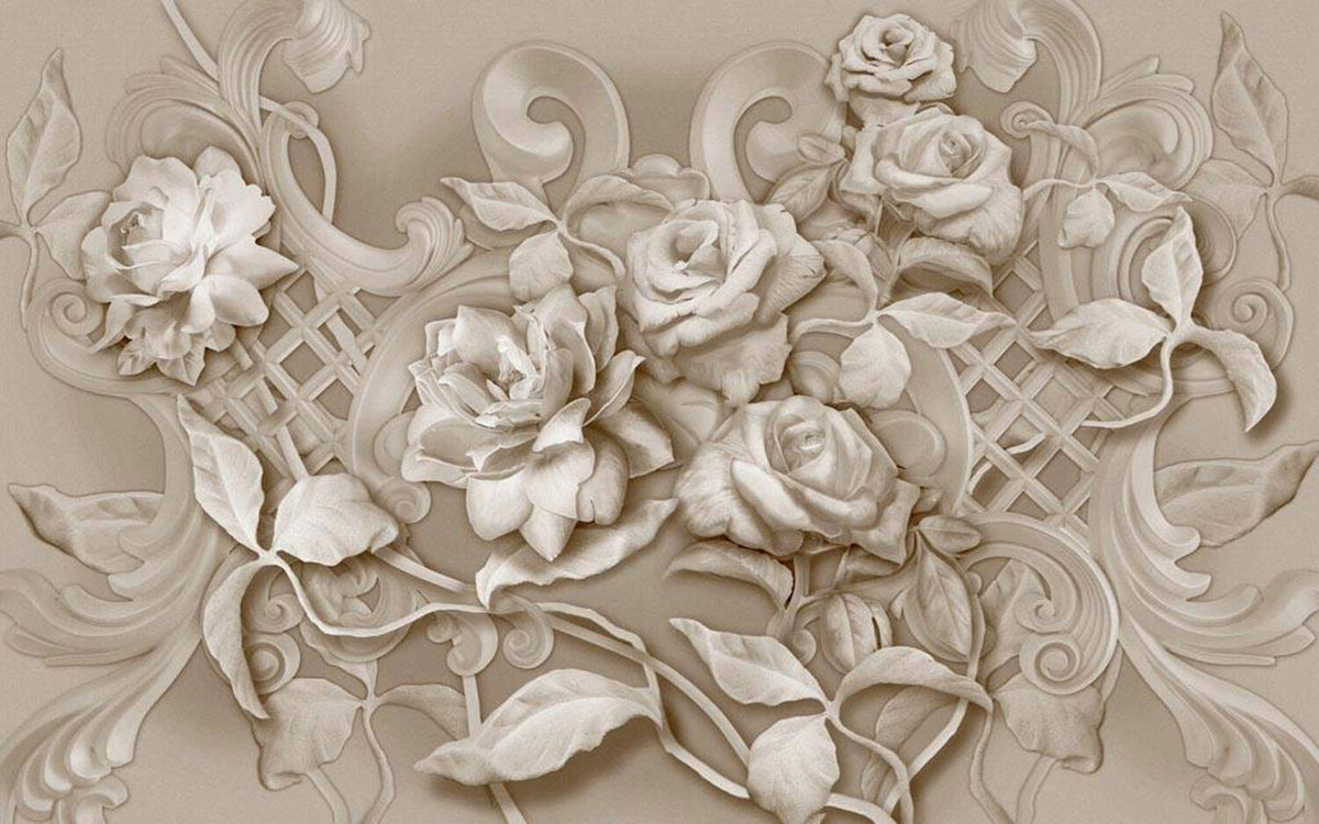3D Beige Rose Wallpaper : Sculpted Flower Relief Mural - flat design