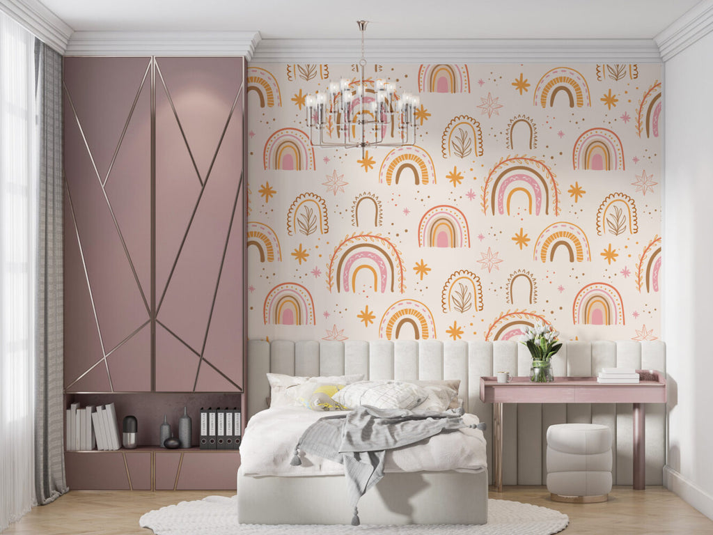 Boho Rainbow Wallpaper : Pink and Mustard Kids Pattern Mural - View 2