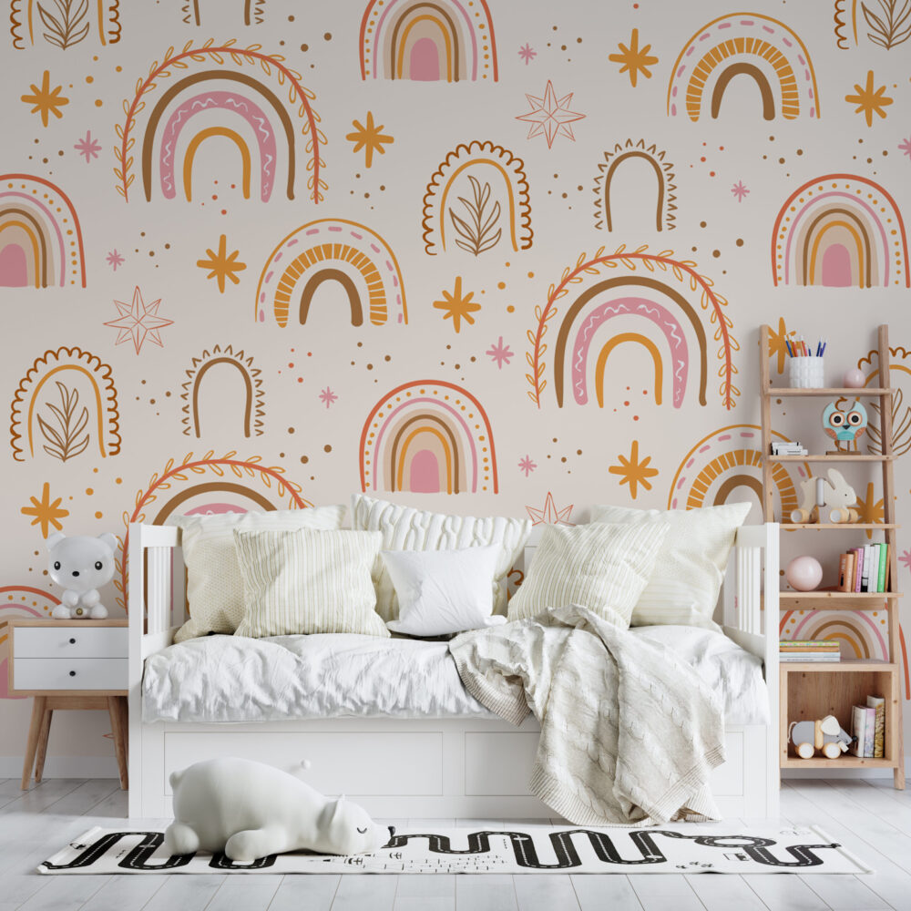 Boho Rainbow Wallpaper : Pink and Mustard Kids Pattern Mural
