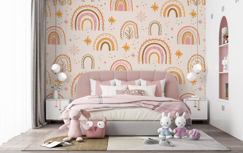 Boho Rainbow Wallpaper : Pink and Mustard Kids Pattern Mural - View 3