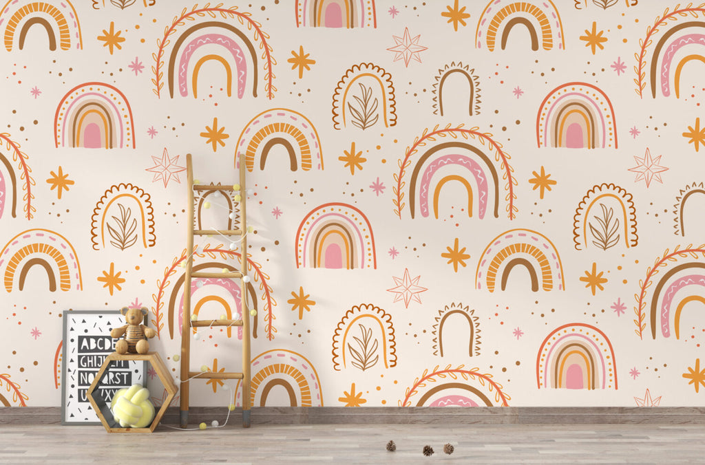 Boho Rainbow Wallpaper : Pink and Mustard Kids Pattern Mural - View 4