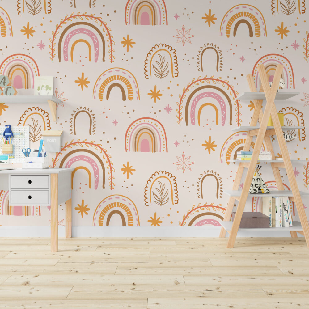 Boho Rainbow Wallpaper : Pink and Mustard Kids Pattern Mural - View 5