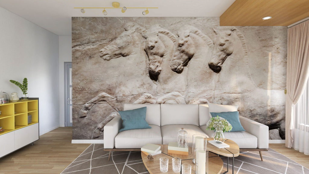 Stone Horses Wallpaper : 3D Relief Carving Mural - View 5
