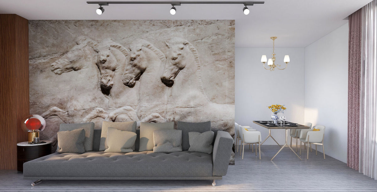 Stone Horses Wallpaper : 3D Relief Carving Mural - View 6