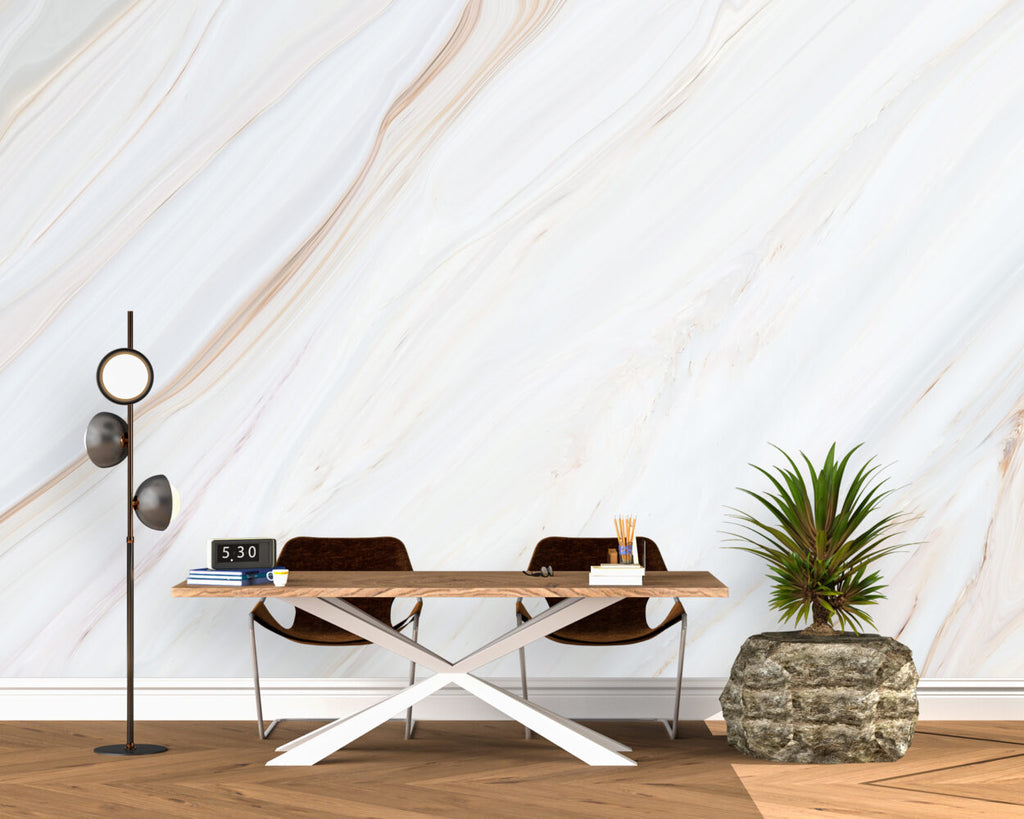 White Marble Tile Wallpaper : Soft Veined Stone Mural - View 2